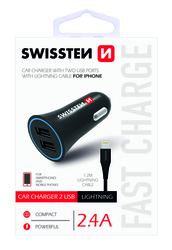 Zástrčka SWISSTEN s 2x USB výstupem 2,4A, 12/24V s kabelem lightning (iPhone), 46751